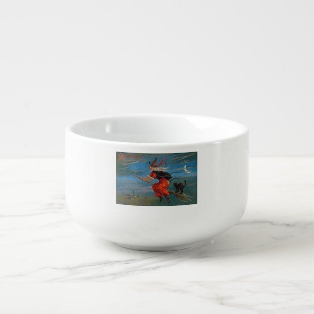 Witch Flying with Black Cat on Halloween Night  Soup Mug (Front)