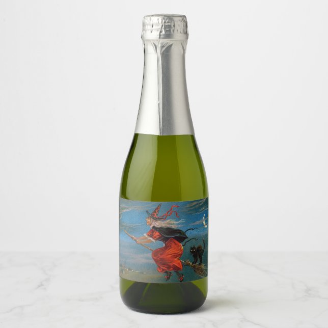 Witch Flying with Black Cat on Halloween Night  Sparkling Wine Label (Front)