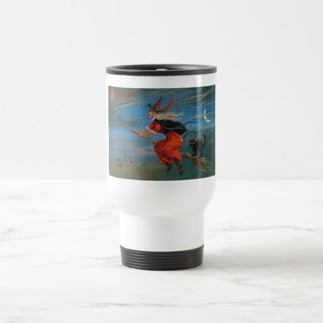 Witch Flying with Black Cat on Halloween Night  Travel Mug (Center)