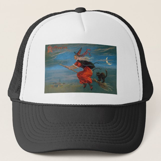 Witch Flying with Black Cat on Halloween Night  Trucker Hat (Front)