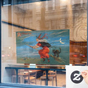 Witch Flying with Black Cat on Halloween Night  Window Cling