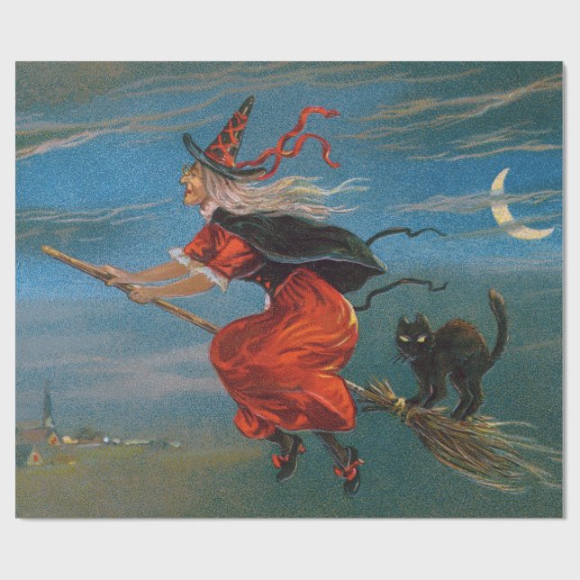 Witch Flying with Black Cat on Halloween Night  Wrapping Paper (Flat)