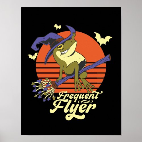 Witch Frog Frequent Flyer Riding Broom Halloween Poster