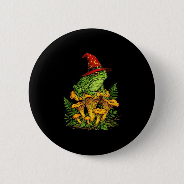 Witch frog sitting on mushrooms halloween magic button (Front)