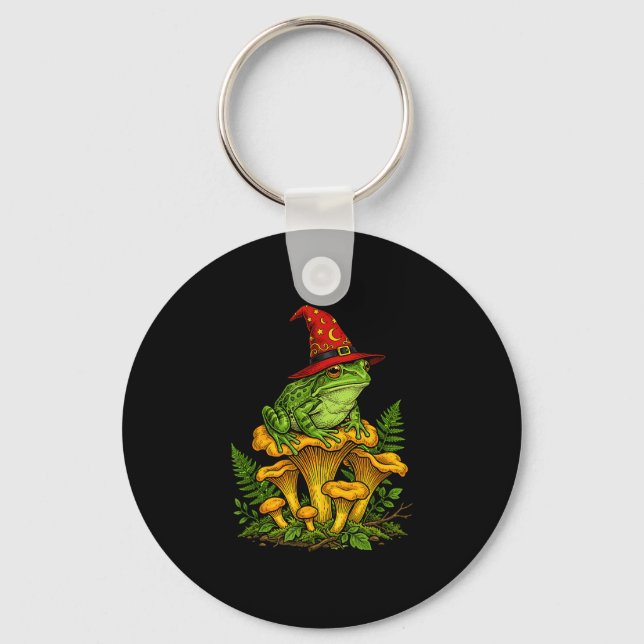 Witch frog sitting on mushrooms halloween magic keychain (Front)