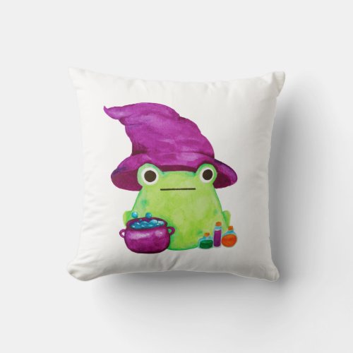 Witch Frog With Caldron and Potions Watercolor Throw Pillow