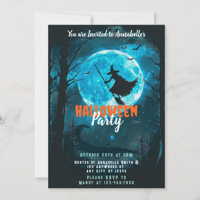 Witch Full Moon Bats Forest Halloween Party Invitation (Front)