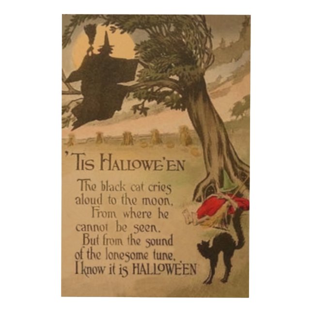 Witch Full Moon Pumpkin Black Cat Wood Wall Art (Front)