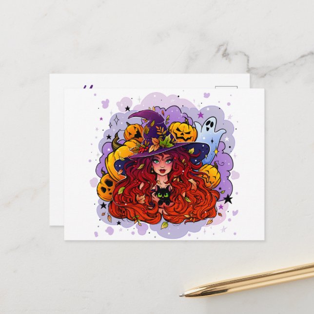 Witch Ghost and Pumpkins Postcard (Front/Back In Situ)