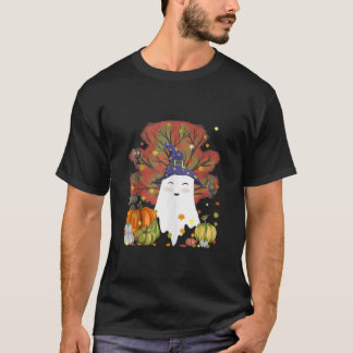 Witch Ghost Cat Pumpkin Coffee Lover Fall Leaves H T-Shirt