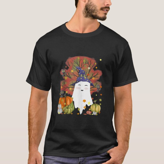 Witch Ghost Cat Pumpkin Coffee Lover Fall Leaves H T-Shirt (Front)