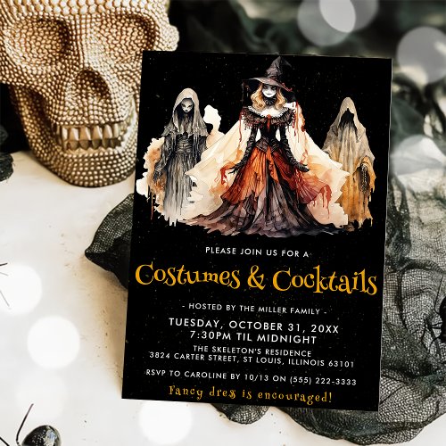 Witch  Ghost Costumes  Cocktails Halloween Party Invitation