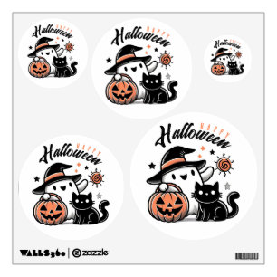 Witch ghost with jack'o'lantern and black cat wall decal