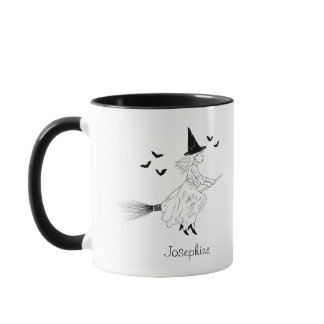 Witch Girl And Bats With Name Minimal Halloween Mug