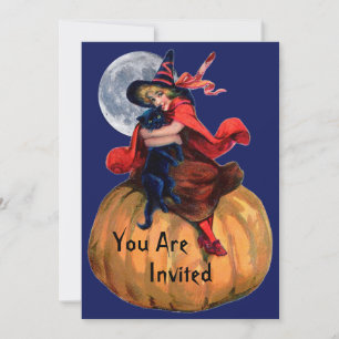 Witch Girl and Cat Halloween Invitation