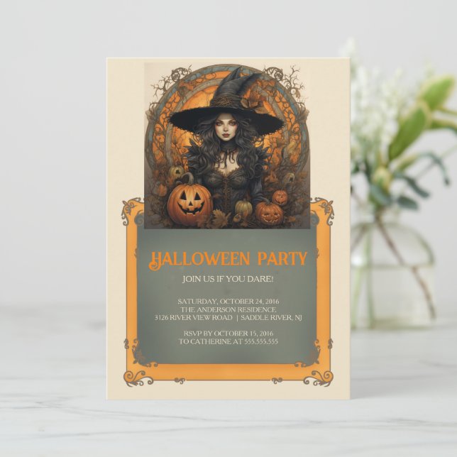 Witch Girl and Pumpkins Gothic Halloween Invitation (Standing Front)