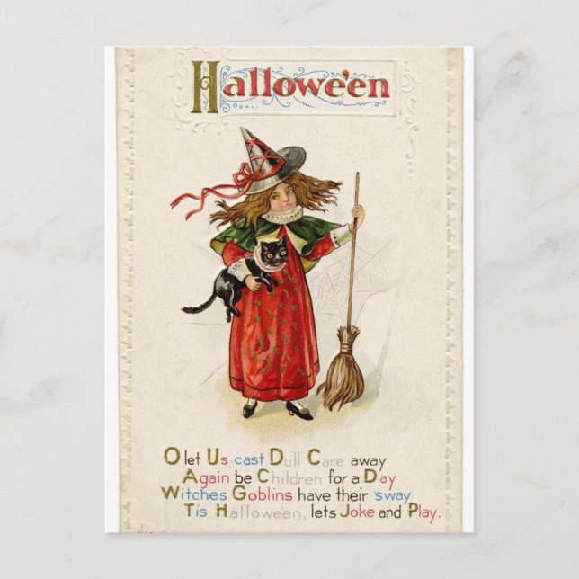 Witch Girl Cat Halloween Rhyme Postcard (Front)