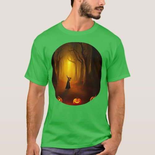 Witch girl in the enchanted forest with pumpkins T_Shirt