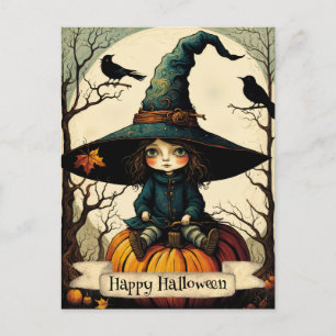 Witch Girl Pumpkin Happy Halloween  Postcard