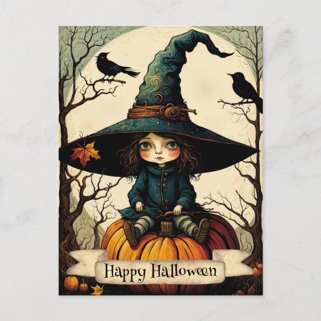 Witch Girl Pumpkin Happy Halloween  Postcard (Front)