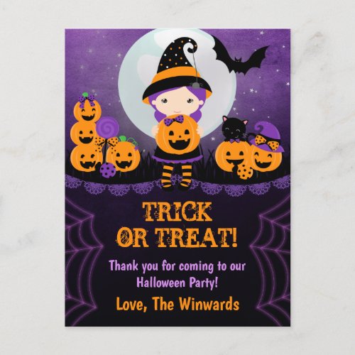 Witch Girl Pumpkins Halloween Party Thank You Postcard