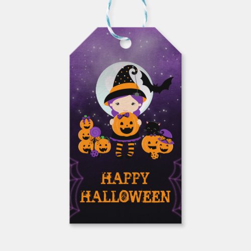 Witch Girl Pumpkins Happy Halloween Gift Tags