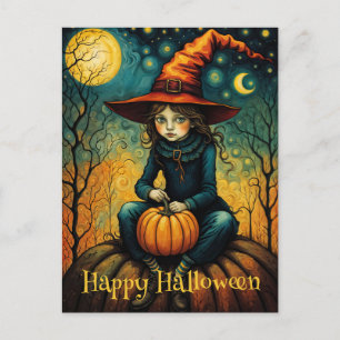 Witch Girl Sit On A Pumpkin Halloween  Postcard