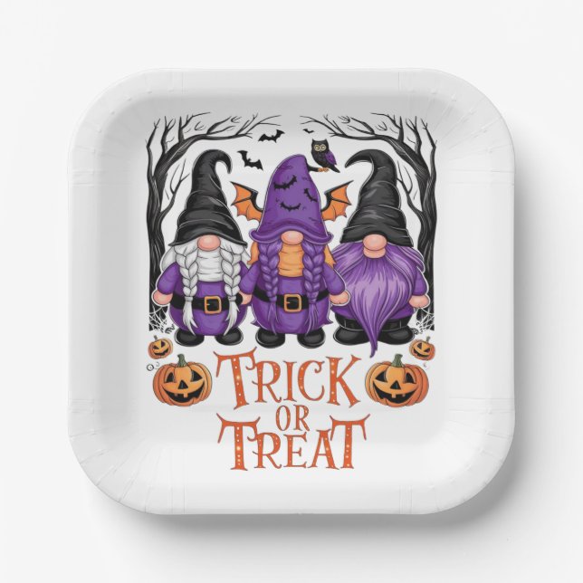 Witch Gnomes Pumpkins Gothic Halloween Party Paper Plates (Front)