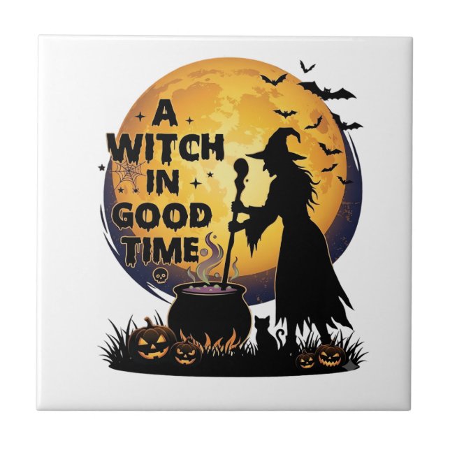 Witch Good Time Halloween Moon Cauldron_1 Ceramic Tile (Front)
