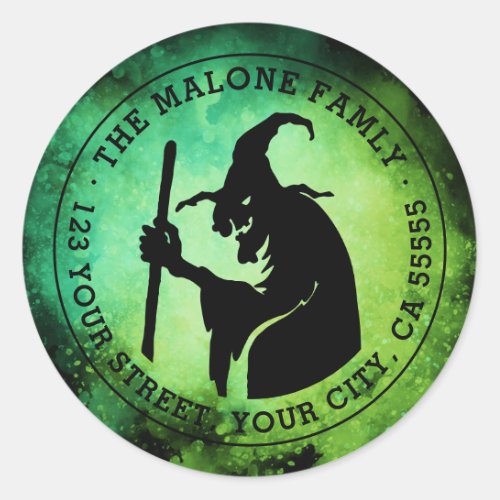 Witch green and black Halloween return address Classic Round Sticker