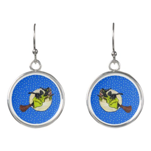 Witch Green Dress Flying Past Moon Broom Black Cat Earrings