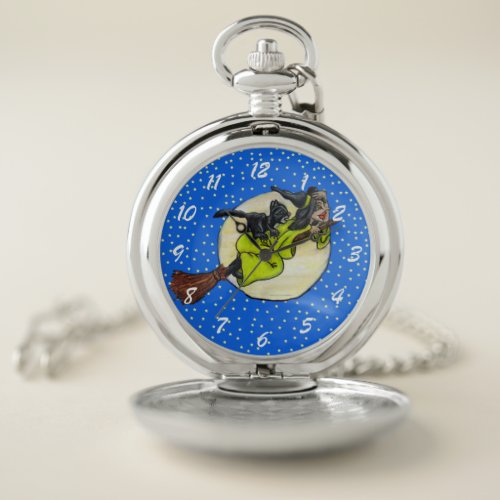 Witch Green Dress on Broom Cat Moon Stars Pocket Watch