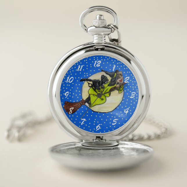 Witch Green Dress on Broom Cat Moon Stars Pocket Watch (Inside)