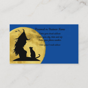 Witch greeting black cat silhouette fullmoon business card