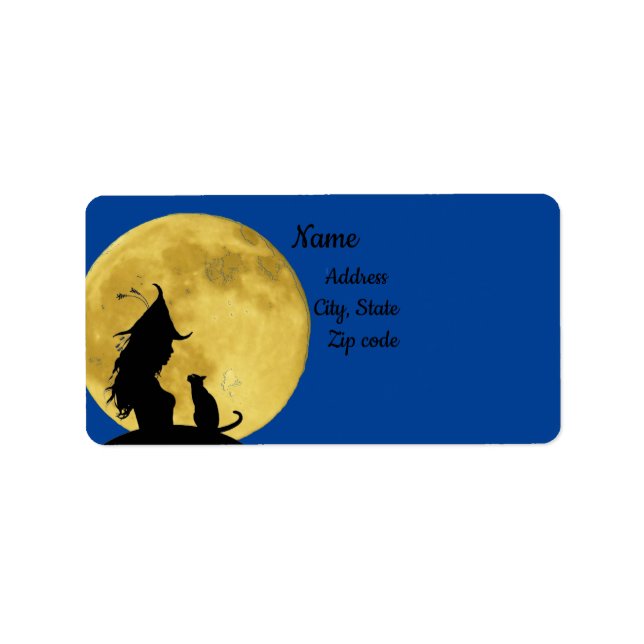 Witch greeting black cat silhouette under fullmoon label (Front)