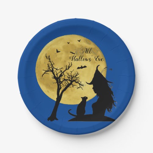 Witch greeting cat under full moon paper plates