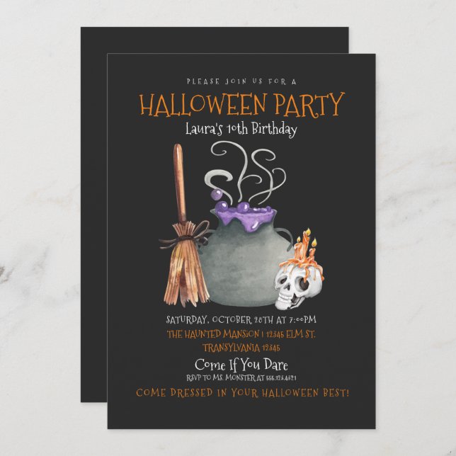 Witch Halloween Birthday Invitation (Front/Back)