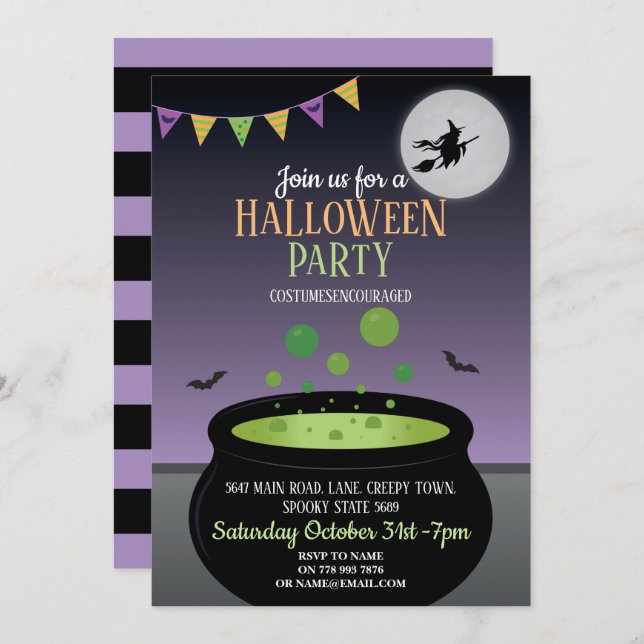 Witch Halloween Party Invite Wicked Cauldron (Front/Back)