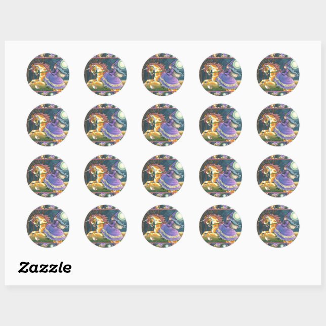 WITCH & HALLOWEEN UNICORN, BLACK CAT Fantasy Classic Round Sticker (Sheet)
