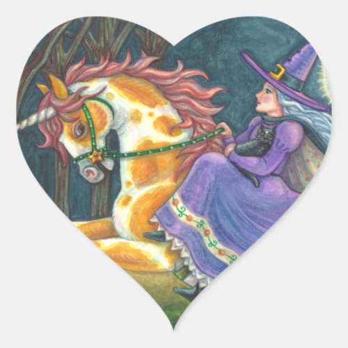 WITCH  HALLOWEEN UNICORN BLACK CAT Fantasy Horse Heart Sticker