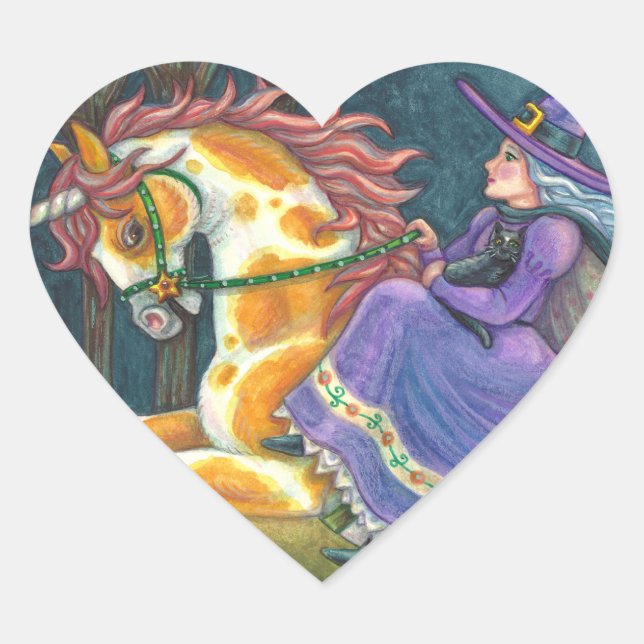 WITCH & HALLOWEEN UNICORN, BLACK CAT Fantasy Horse Heart Sticker (Front)