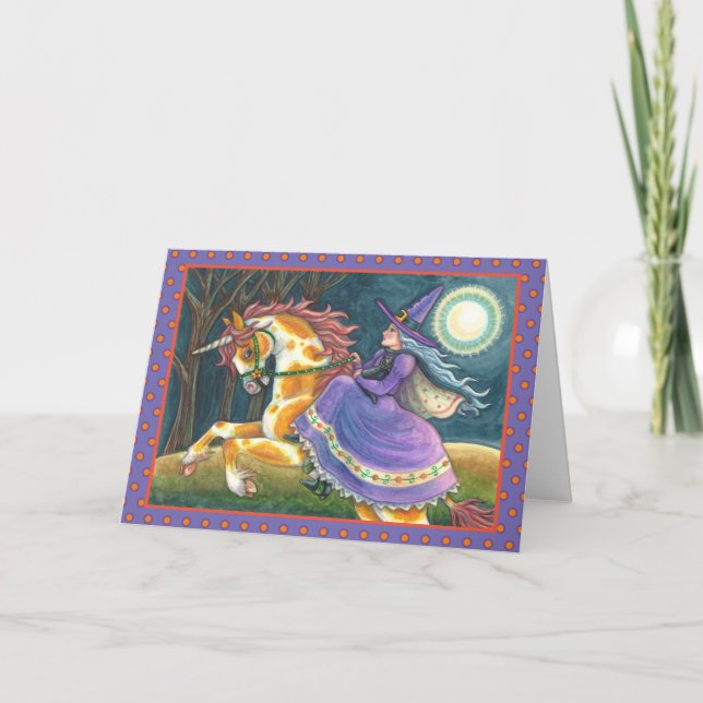 WITCH & HALLOWEEN UNICORN, BLACK CAT Fantasy Horse Holiday Card (Front)