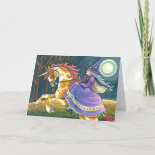 WITCH & HALLOWEEN UNICORN, BLACK CAT Fantasy Horse Holiday Card