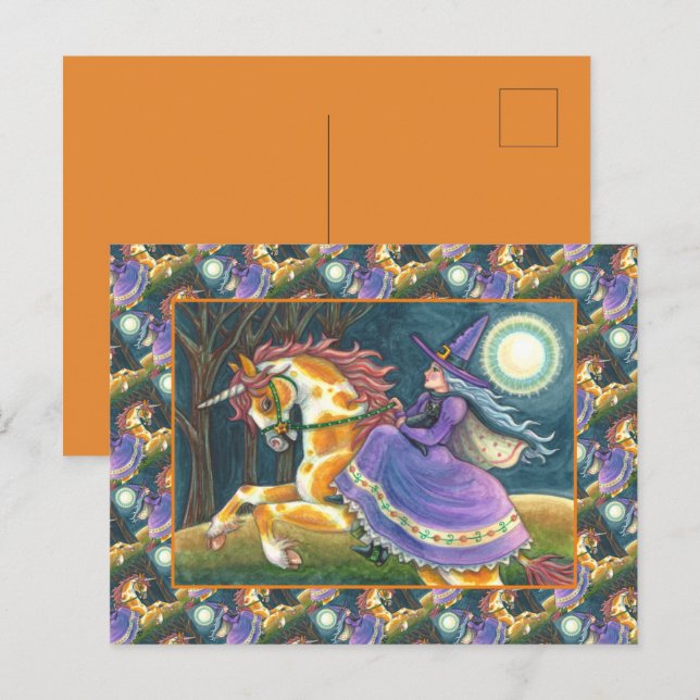 WITCH & HALLOWEEN UNICORN, BLACK CAT Fantasy Horse Holiday Postcard (Front/Back)