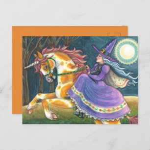 WITCH & HALLOWEEN UNICORN, BLACK CAT Fantasy Horse Holiday Postcard