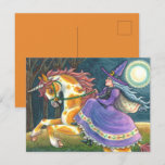 WITCH &amp; HALLOWEEN UNICORN, BLACK CAT Fantasy Horse Holiday Postcard