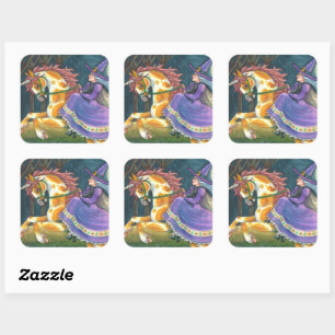 WITCH & HALLOWEEN UNICORN, BLACK CAT Fantasy Horse Square Sticker