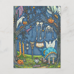 WITCH HANGING BLACK CAT, GHOST, SKELETON LAUNDRY POSTCARD