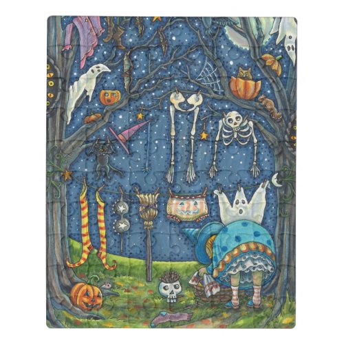 WITCH HANGING HER BLACK CAT GHOST SKELLY LAUNDRY JIGSAW PUZZLE