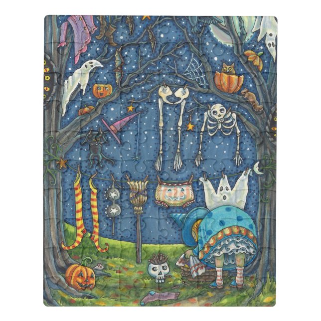 WITCH HANGING HER BLACK CAT, GHOST, SKELLY LAUNDRY JIGSAW PUZZLE (Puzzle Vertical)
